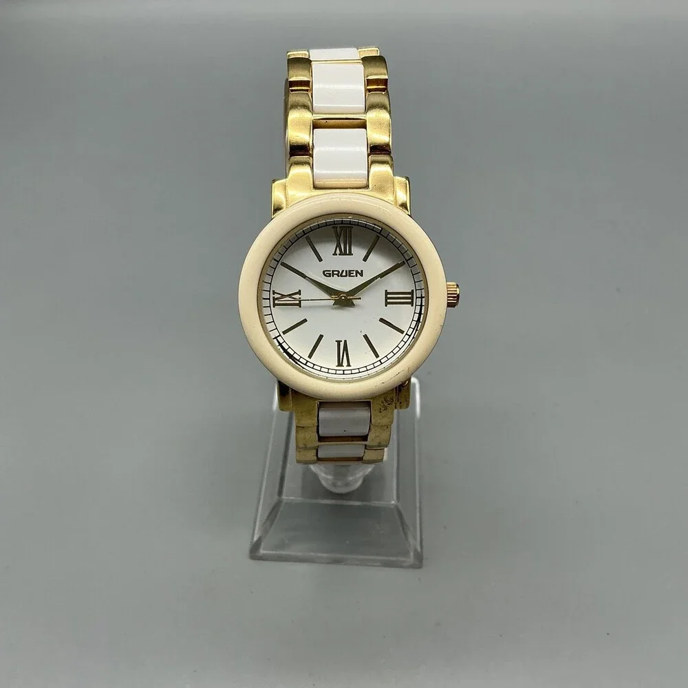 Gruen GSL121 Womens Watch 32mm White Dial Gold Tone Bracelet New Battery 8